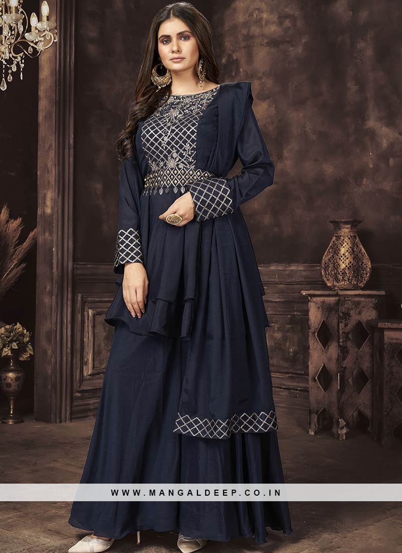 Navy Blue Heavy Viscose Velvet Sequence Embroidery Work Gown With Dupatta  Set - PinkSaree