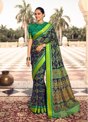 Navy Blue Color Digital Print Patola Saree