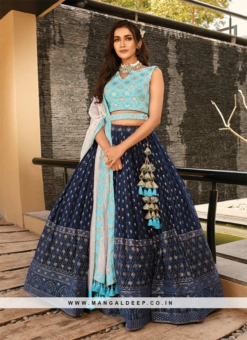Navy Blue Color Embroidered Fancy Lehenga