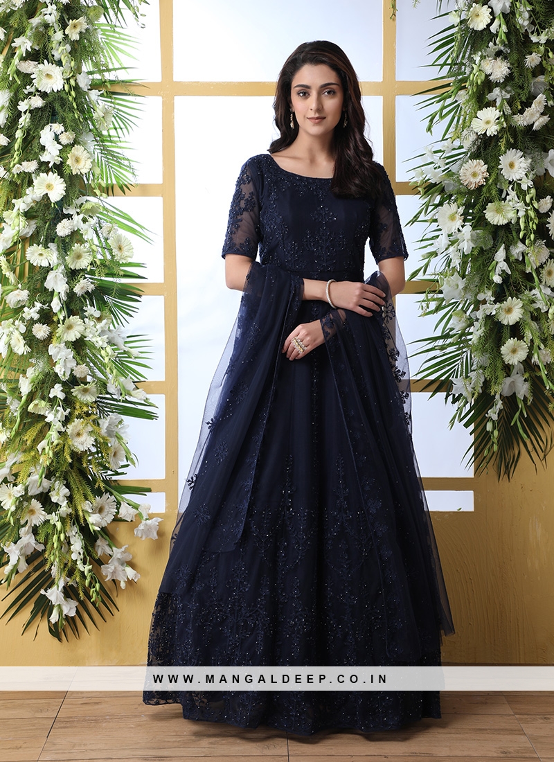 Navy Blue Embellished Slit Long Dress with 3/4 Sleeves – Trendy Divva