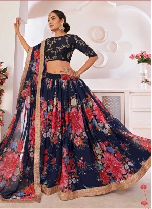 Navy Blue Color Floral Print Georgette Lehenga