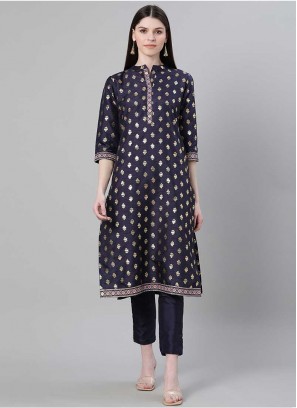 Navy Blue Color Georgette And Crepe Kurti With Bottom