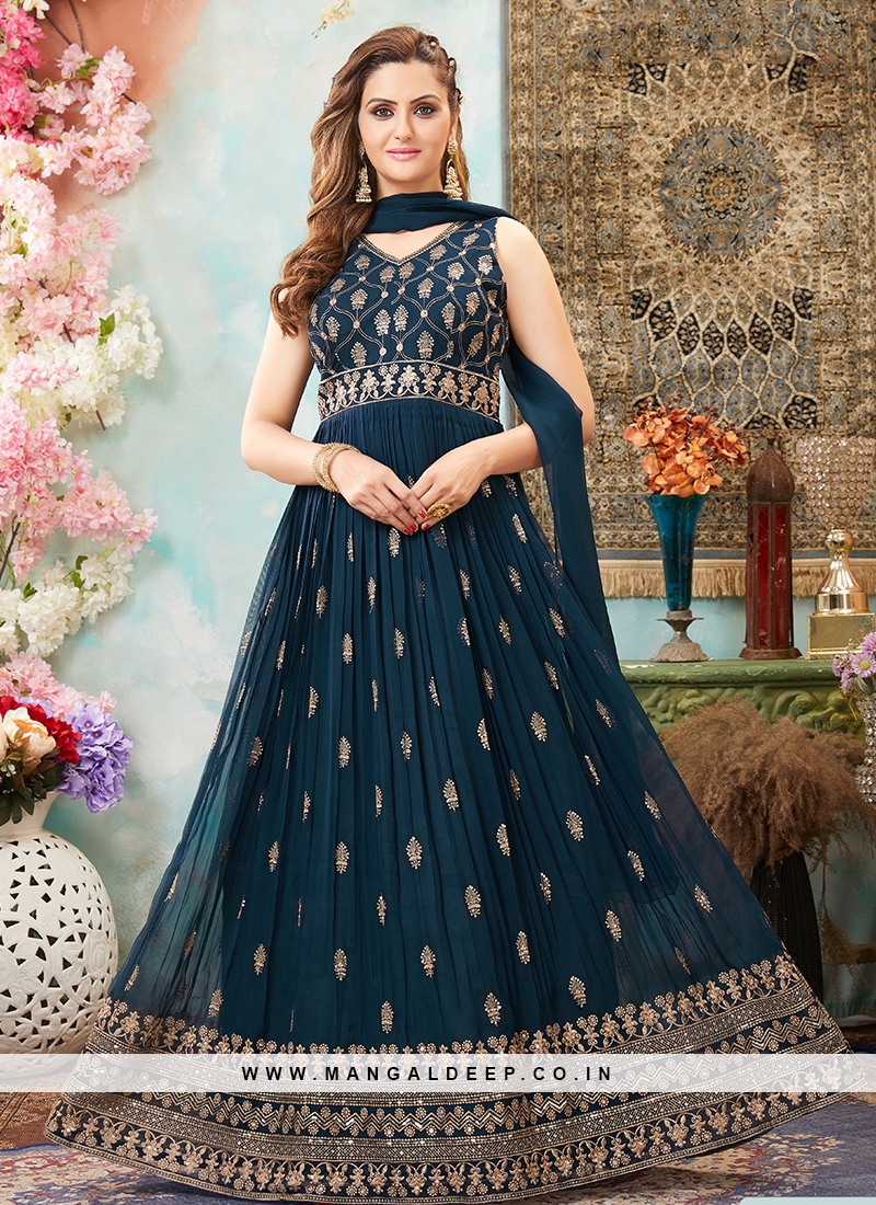 Navy Blue Color Georgette Embroidered Anarkali Dress