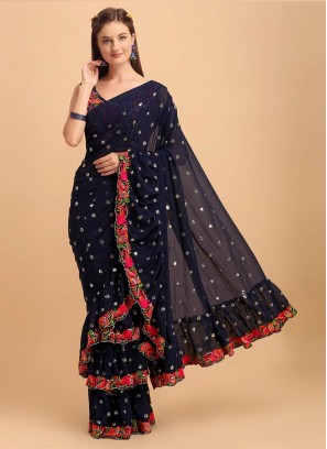 Navy Blue Color Georgette Frill Saree