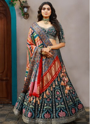 Navy Blue Color Georgette Thread Work Lehenga