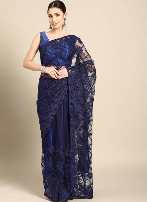 Navy Blue Color Net Embroidered Party Wear Saree