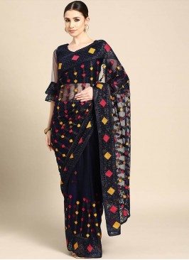 Navy Blue Color Net Embroidered Party Wear Saree