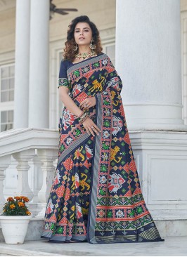 Navy Blue Color Patola Silk Printed Saree