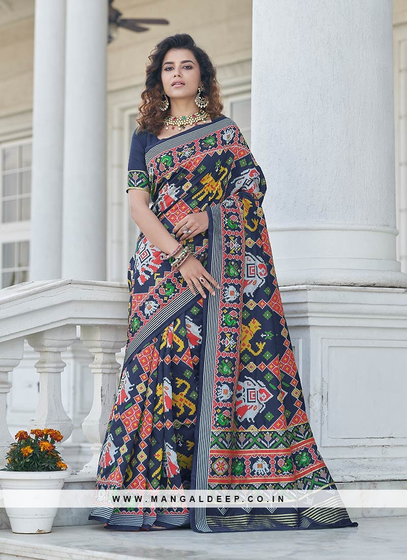 Navy Blue Color Patola Silk Printed Saree
