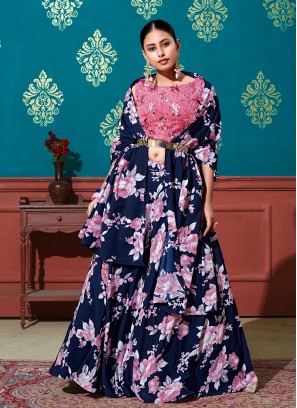 Navy Blue Color Printed Silk Lehenga