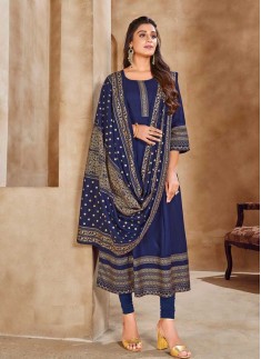 Navy Blue Color Rayon Festive Wear Gown