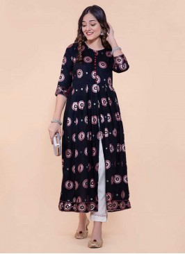 Navy Blue Color Rayon Front Cut Style Kurti