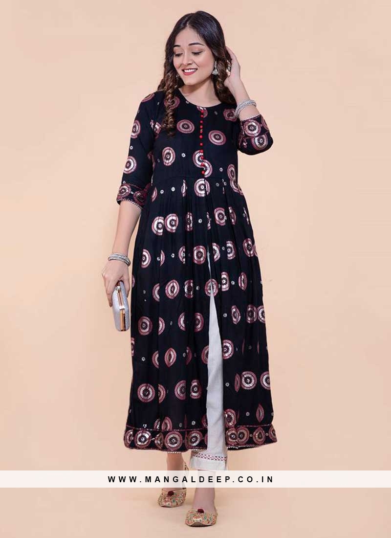 Navy Blue Color Rayon Front Cut Style Kurti
