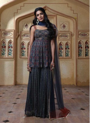 Navy Blue Color Sharara Suit