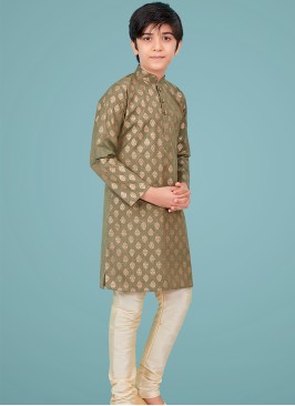 Light Mehandi cottan silk Indo Western Suit for Boys.