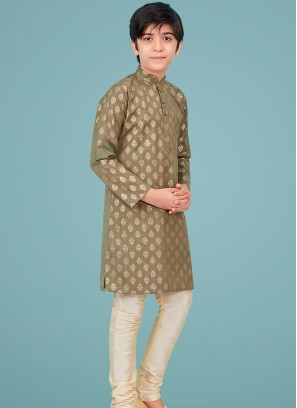 Light Mehandi cottan silk Indo Western Suit for Boys.