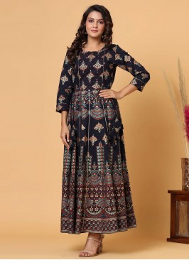 Navy Blue Cotton Ceremonial Trendy Gown