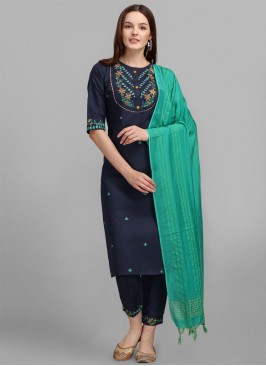 Navy Blue Cotton Embroidered Pant Style Suit