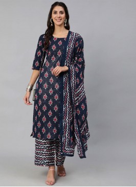 Navy Blue Cotton Printed Readymade Salwar Suit