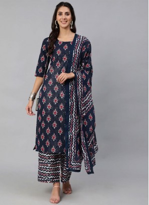 Navy Blue Cotton Printed Readymade Salwar Suit