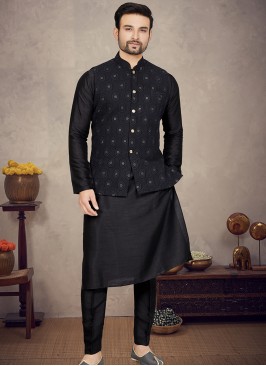 Black Elegance: Tussar Silk Kurta Trouser Jacket Ensemble