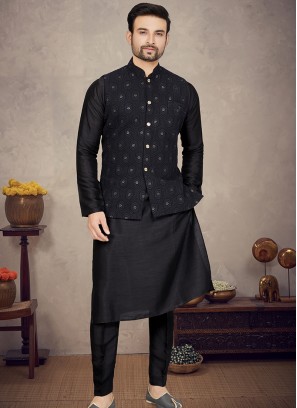 Black Elegance: Tussar Silk Kurta Trouser Jacket Ensemble