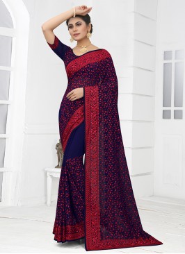 Navy Blue Embroidered Contemporary Saree