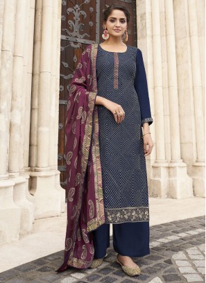 Navy Blue Embroidered Faux Chiffon Designer Palazzo Suit