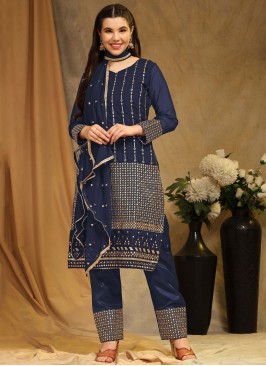 Navy Blue Embroidered Faux Georgette Trendy Salwar Suit