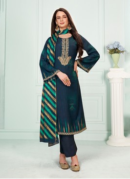 Navy Blue Embroidered Muslin Trendy Straight Suit