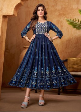 Navy Blue Embroidered Rayon Floor Length Kurti