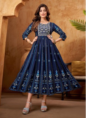 Navy Blue Embroidered Rayon Floor Length Kurti