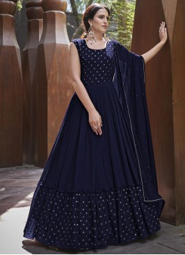 Navy Blue Embroidered Readymade Gown