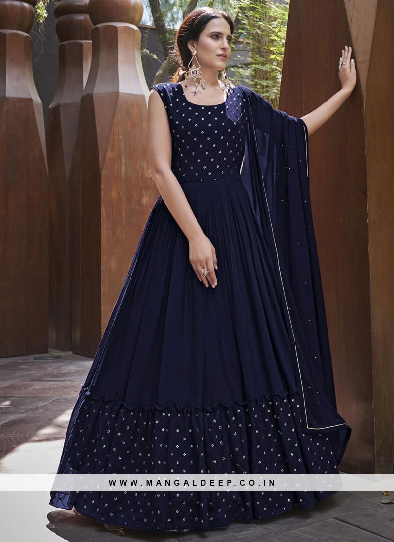 Designer Party Wear Gown with Dupatta in Blue with Embroidery, GWN #98 -  DesiGifts LLC