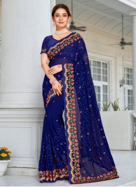Navy Blue Embroidered Reception Classic Saree