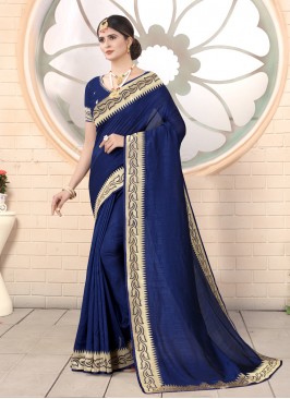 Navy Blue Embroidered Silk Classic Saree