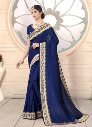 Navy Blue Embroidered Silk Classic Saree