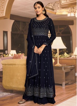 Navy Blue Embroidered Wedding Palazzo Salwar Suit