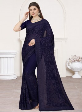 Navy Blue Embroidered Wedding Trendy Saree