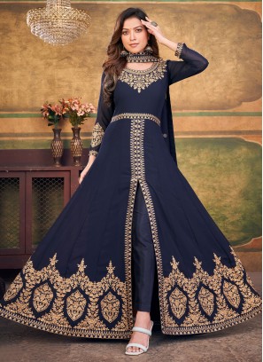 Navy Blue Faux Georgette Embroidered Trendy Salwar Kameez