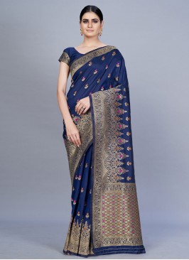 Navy Blue Festival Banarasi Silk Contemporary Saree