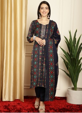 Navy Blue Floral Print Pashmina Designer Salwar Suit