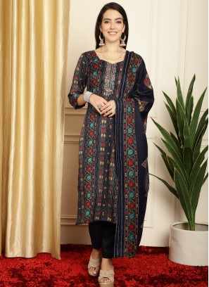 Navy Blue Floral Print Pashmina Designer Salwar Suit