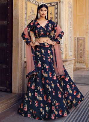 Navy Blue Floral Print Silk Lehenga Choli