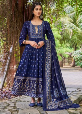 Navy Blue Foil Print Casual Floor Length Gown