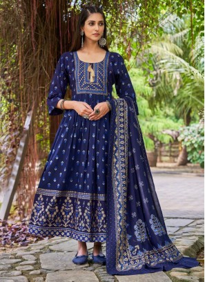 Navy Blue Foil Print Casual Floor Length Gown