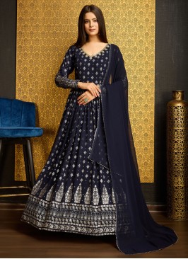 Navy Blue Foil Print Faux Georgette Gown 