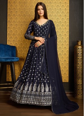 Navy Blue Foil Print Faux Georgette Gown 