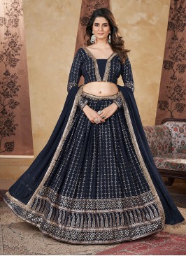 Navy Blue Foil Print Lehenga Choli