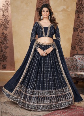 Navy Blue Foil Print Lehenga Choli